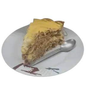 Tarta de galleta María con flan y chocolate blanco